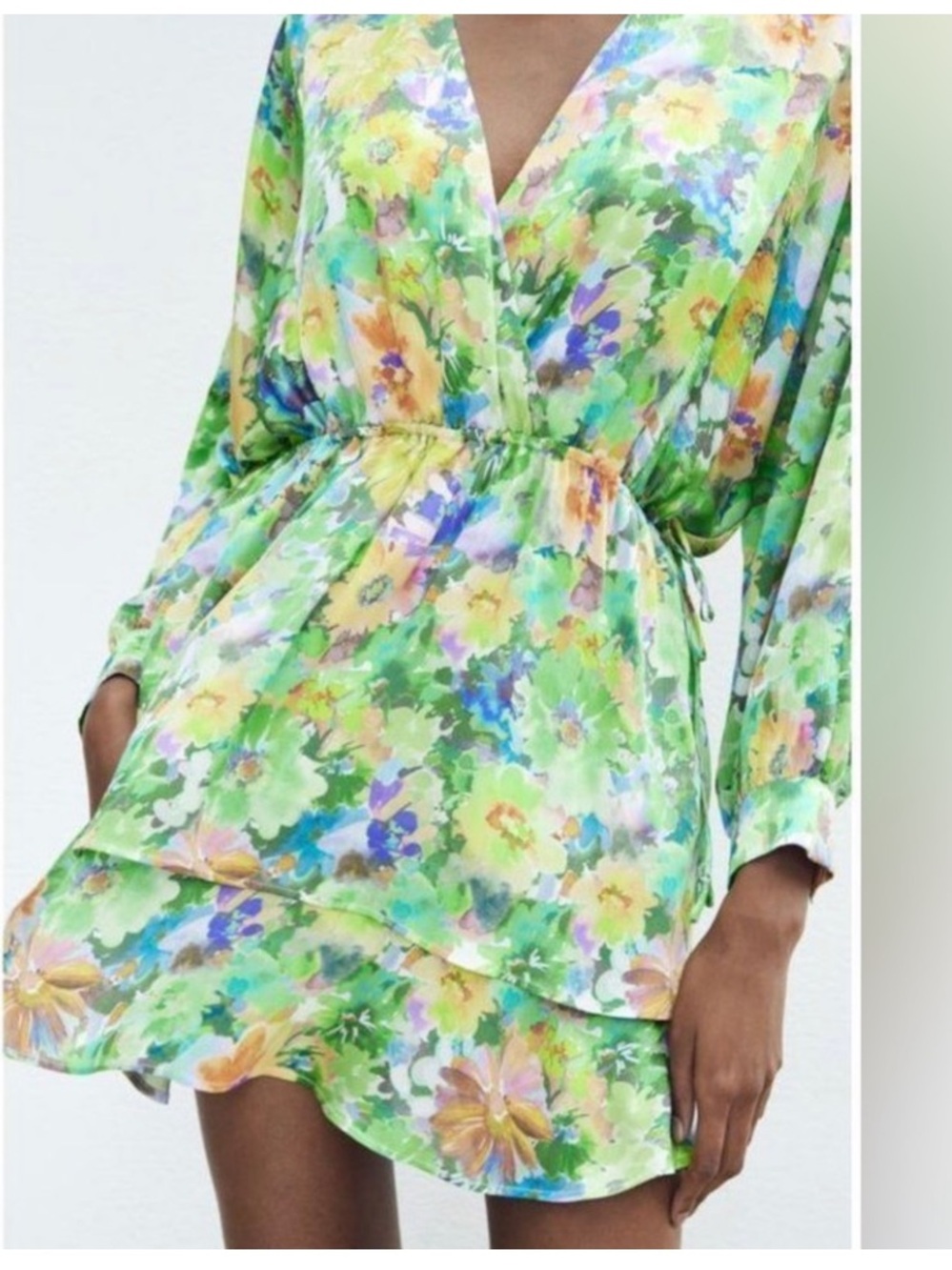 Zara NWT Floral Green Wrap Mini Dress with Tie Waist